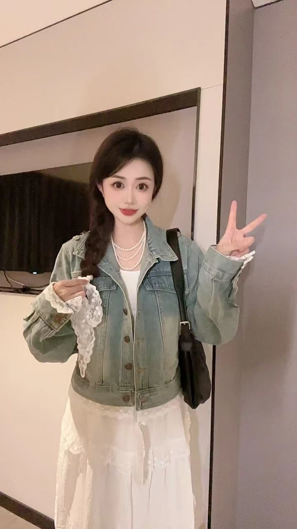 9081-拼蕾丝高腰牛仔外套