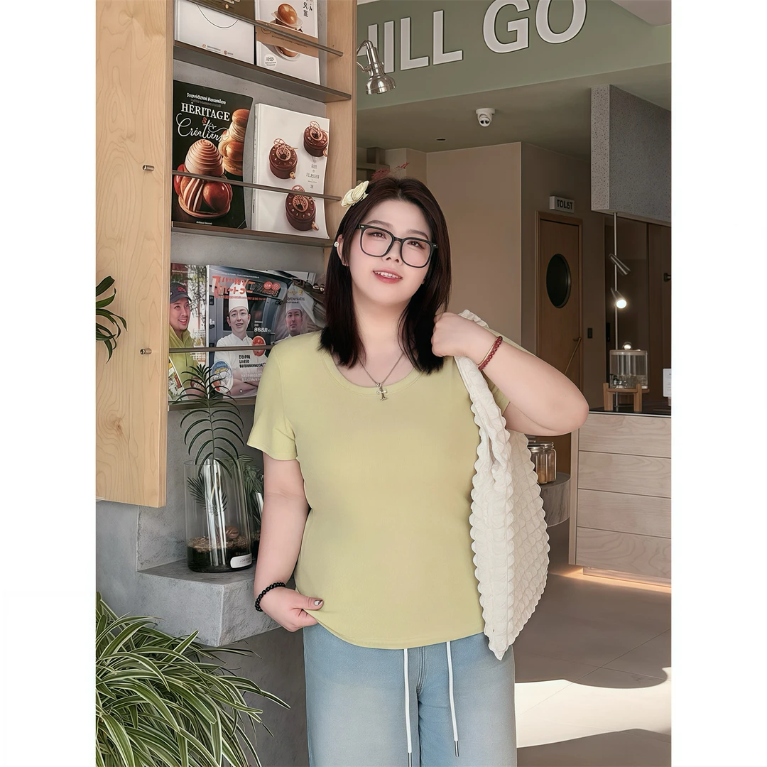 神户少女 / 加厚磨毛短袖T恤13976花契200斤胖mm春季新款休闲时尚