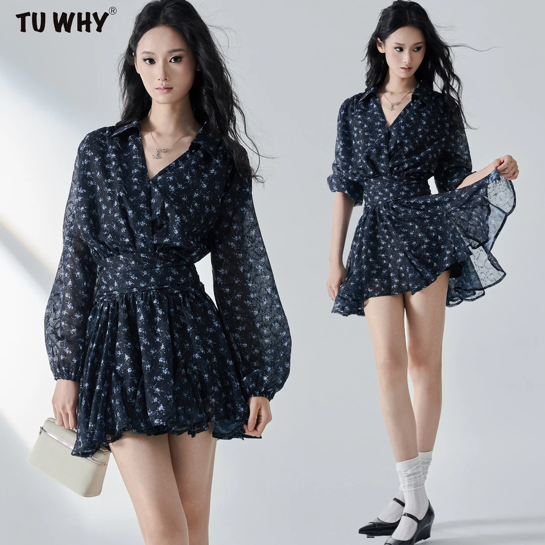 TUWHY【夏新品】“浪漫剪影”法式碎花 v 领网纱夏季衣裙