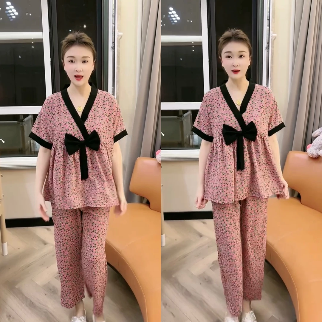 996韩版春季新款碎花睡衣女套装宽松显瘦家居服时尚洋气气质大码