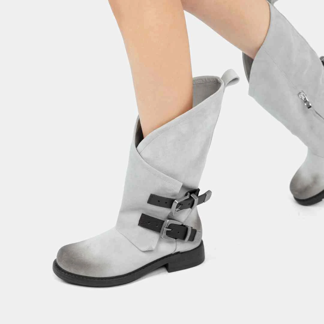 Cihi'Ahoilc' 做旧擦色 粗跟厚底褶皱复古长靴