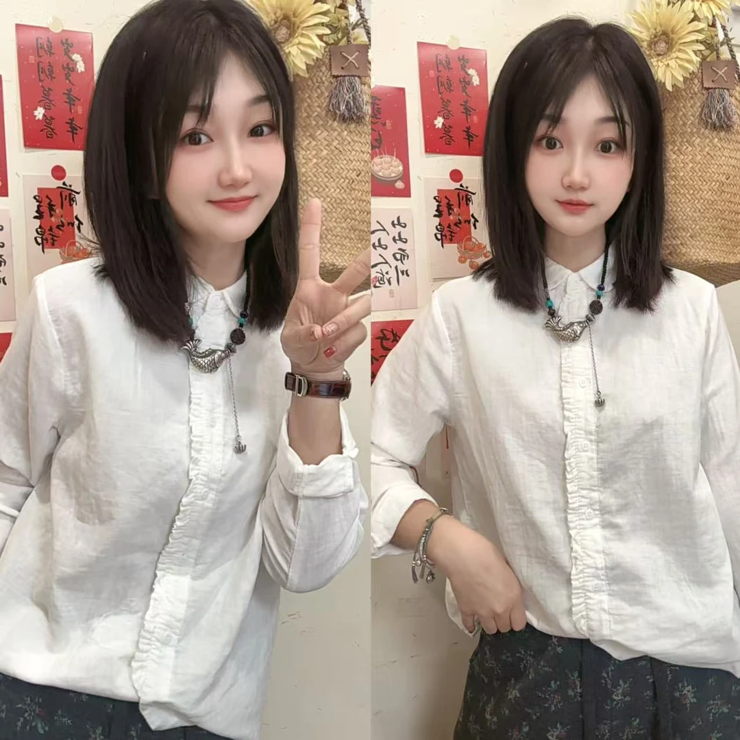 【浪漫相遇】【双层棉纱】森系甜美时尚洋气百搭宽松显瘦减龄纯色衬衣