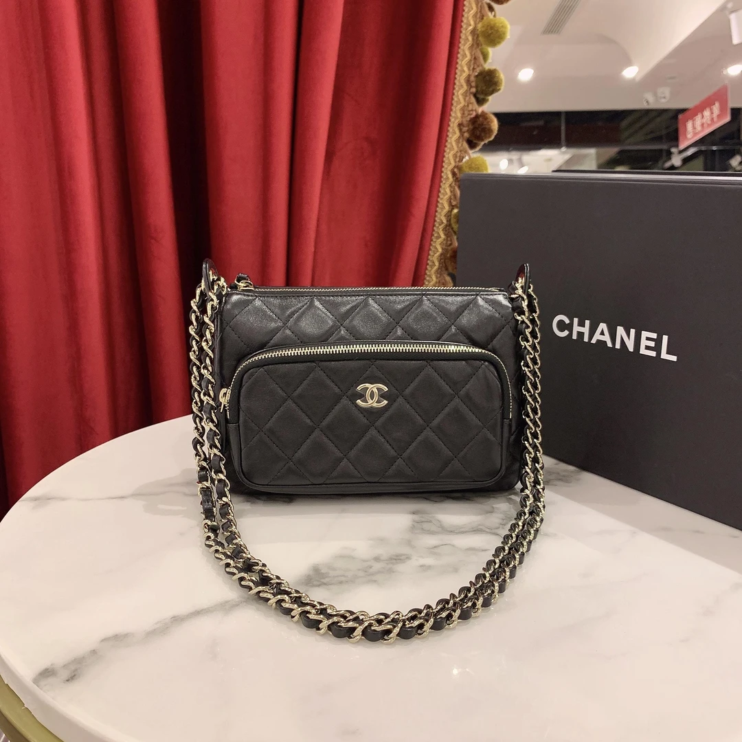 95新 Chanel/香奈儿 GGS25c相机包中号黑金羊皮芯片款19334416