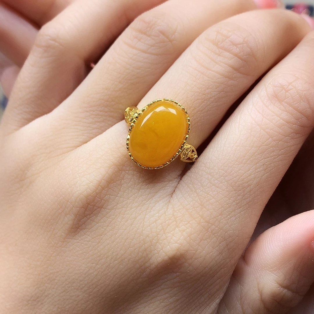 蜜蜡戒指银S925镶嵌戒指