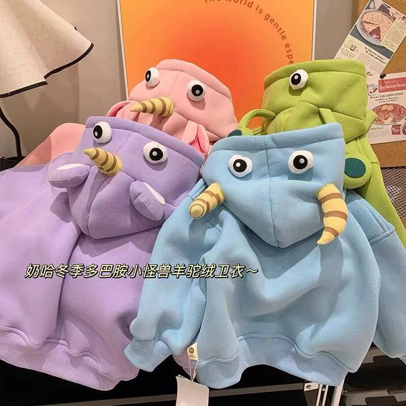 韩版宝宝男女童加绒加厚冬季衣服外套韩版加厚多巴胺立体连帽卫衣