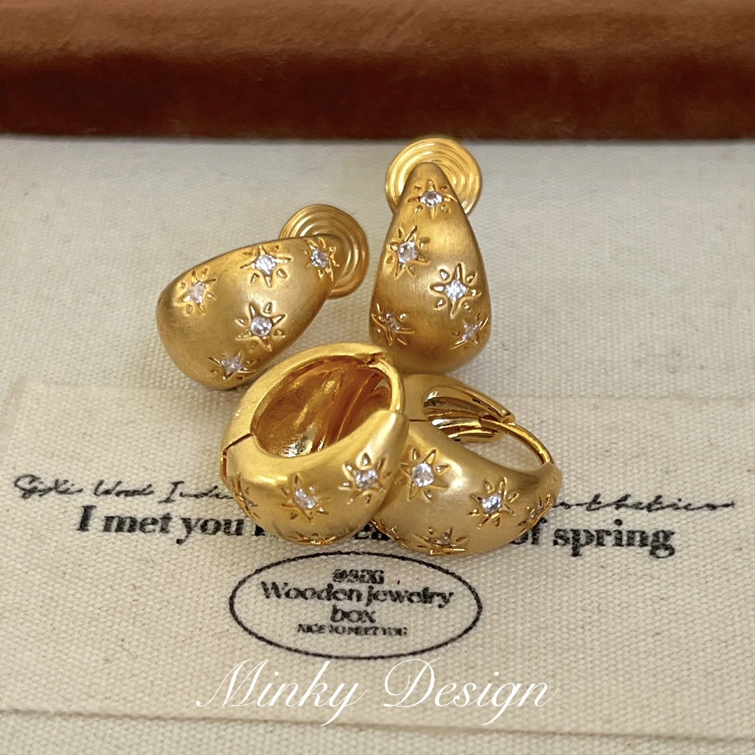 铜合金耳饰 「金色回忆」小巧拉丝星星耳环蚊香盘耳夹无耳洞耳饰