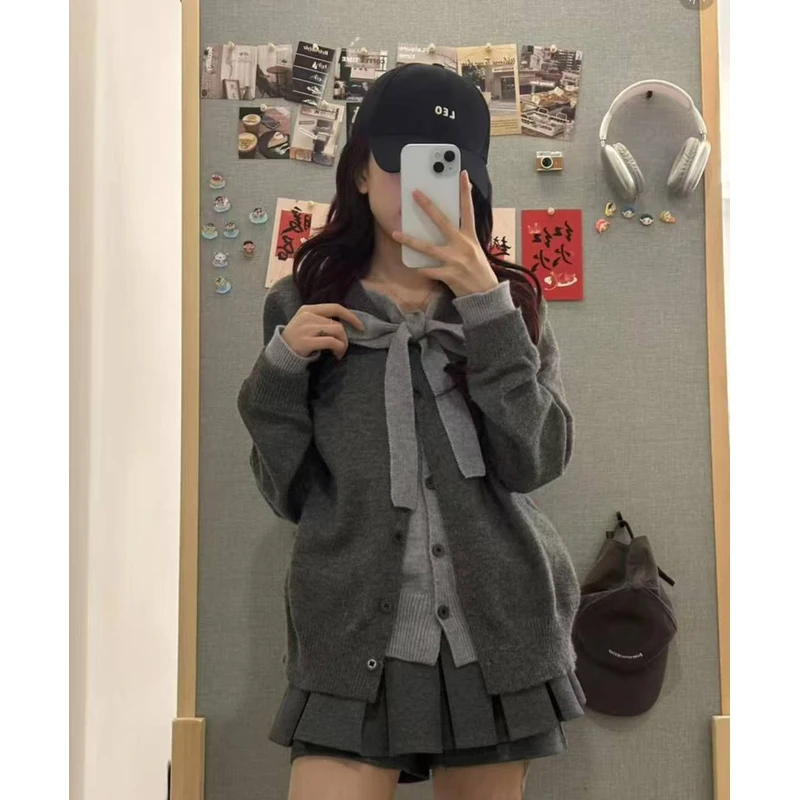 韩系学院风假两件灰色绑带针织开衫女春秋宽松慵懒风软糯毛衣外套
