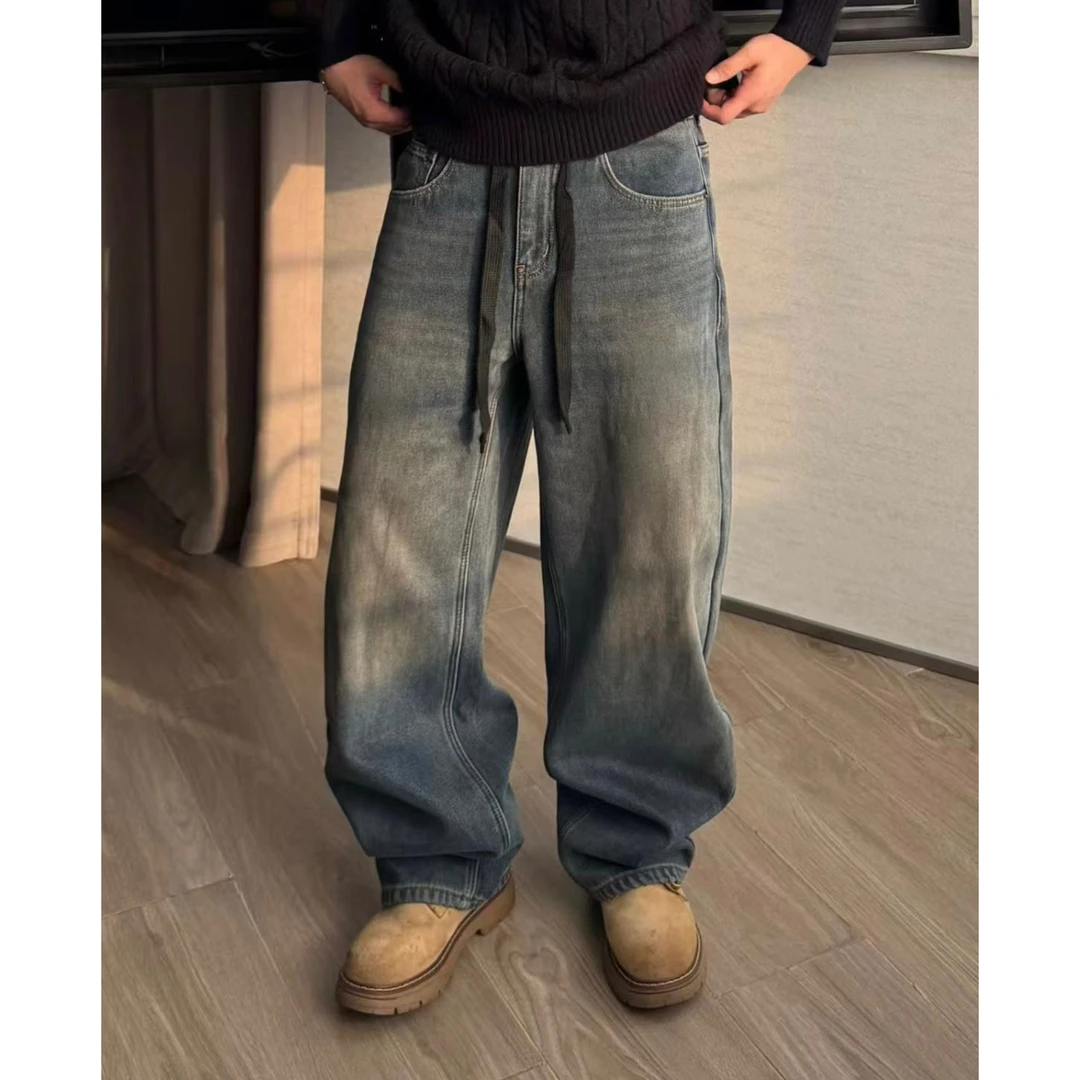 冬季新款美式复古加绒弯刀牛仔裤男士时尚百搭宽松潮流直筒裤