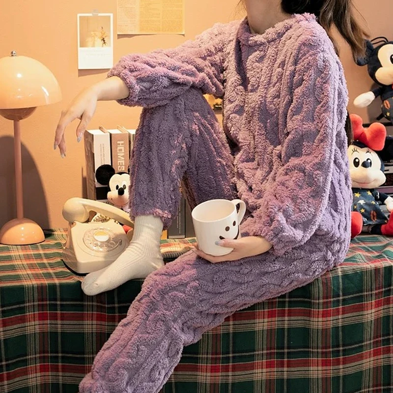 【男女同款】提花暖暖套装冬睡衣家居服长袖保暖加绒情侣装WX