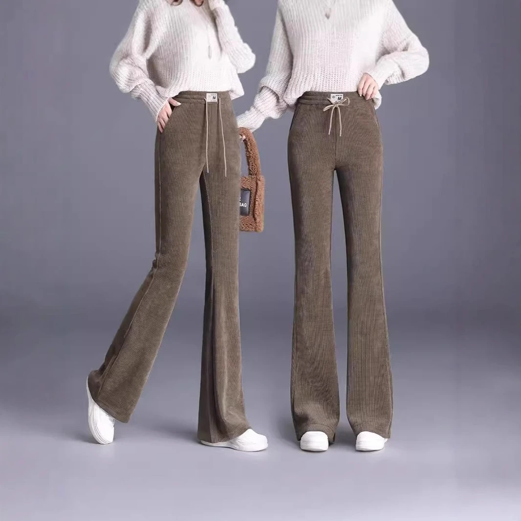 雪尼尔微喇叭裤子女春秋2025新款松紧高腰显瘦垂感直筒休闲条绒裤