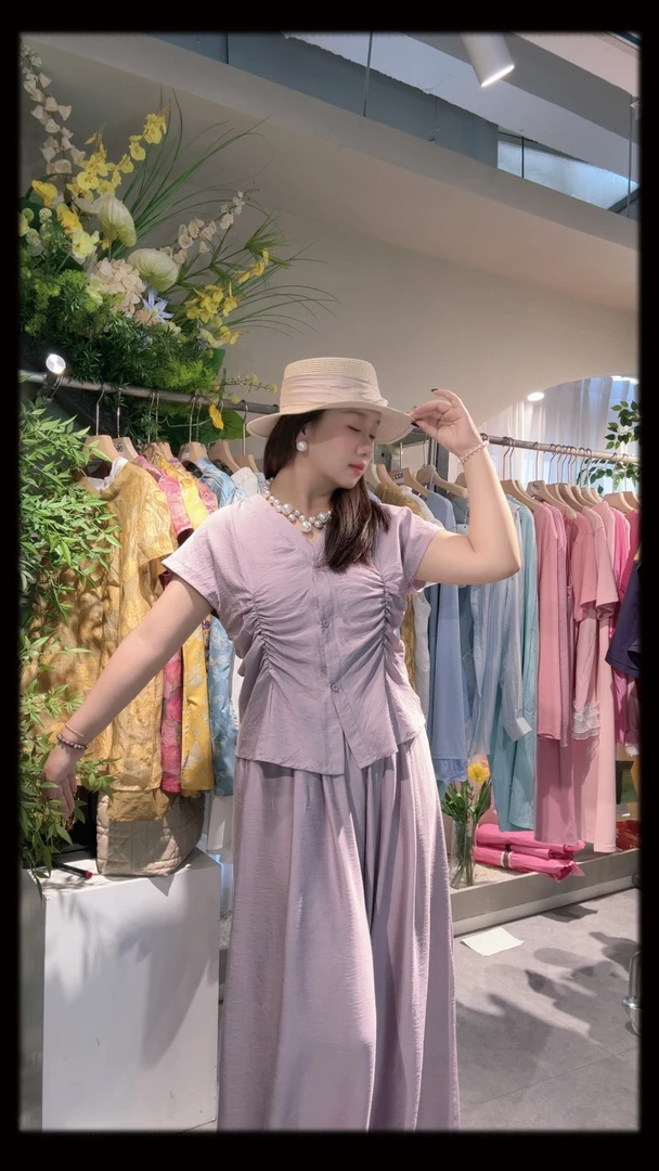 【瑞瑞】飞飞袖褶皱衬衫阔腿长裤两件套装女