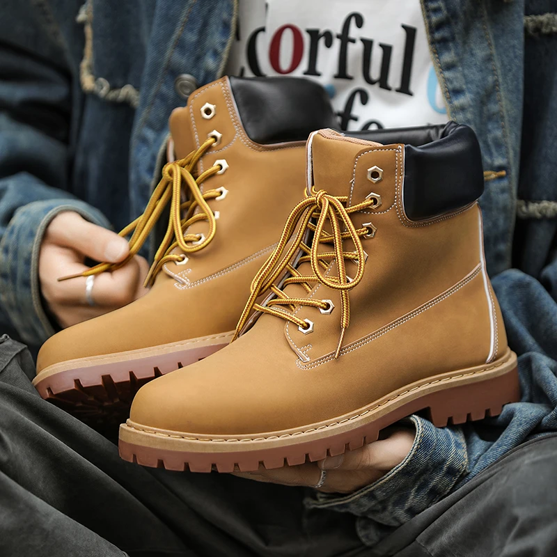 美式复古马丁靴男士秋季厚底增高大黄靴潮流百搭通勤高街工装靴子