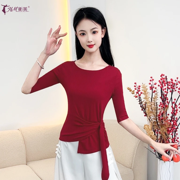 古典舞练功服圆领纯色上衣成人绑带中袖现代舞民族舞形体服装新款