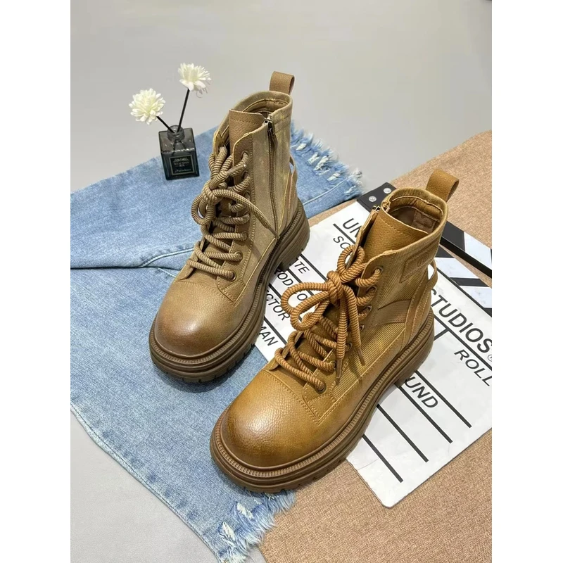 2025新款真皮复古短靴女韩版女靴松糕底马丁靴显瘦显高5818