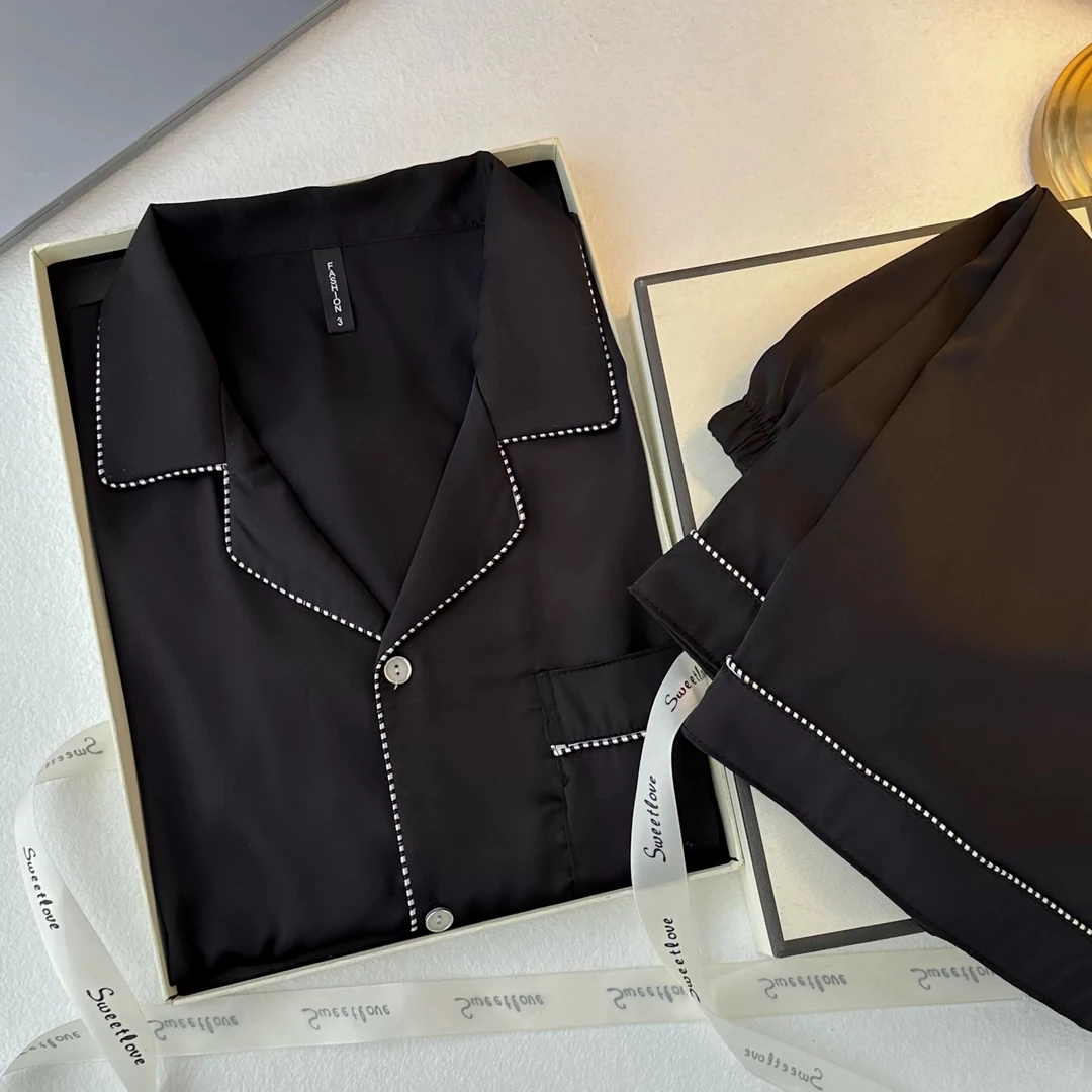 凉感冰丝睡衣男夏天短袖2025新款男士黑色睡衣三件套家居服套装