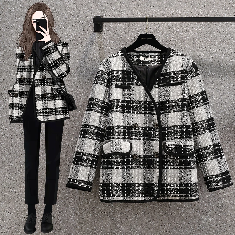 秋冬高级感超好看设计感短款粗花呢格子外套小香风呢子大码显瘦