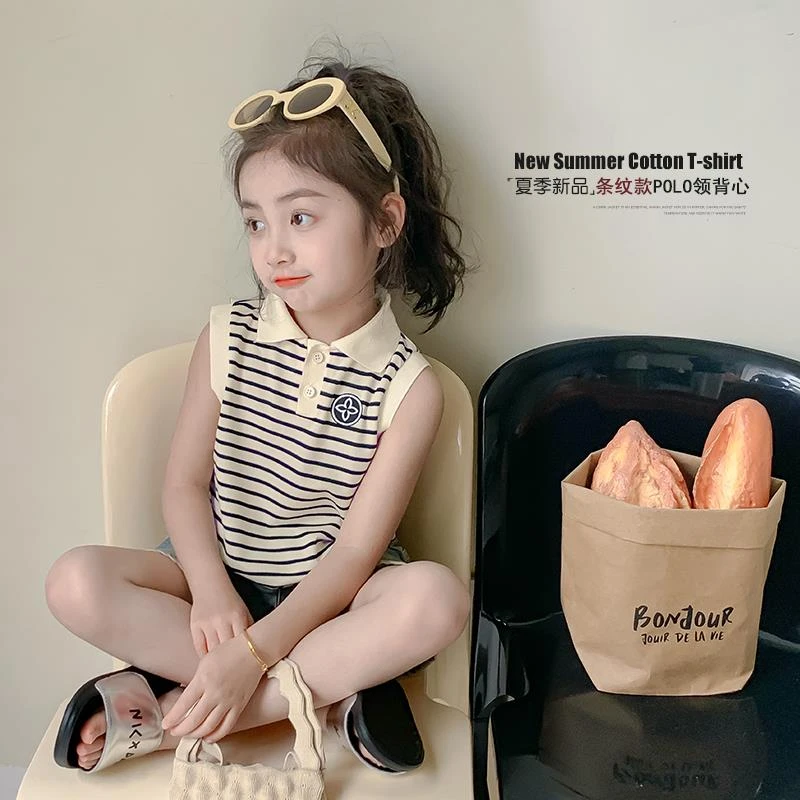 女童背心夏季薄款儿童撞色条纹T恤夏装女孩无袖POLO衫上衣百搭潮
