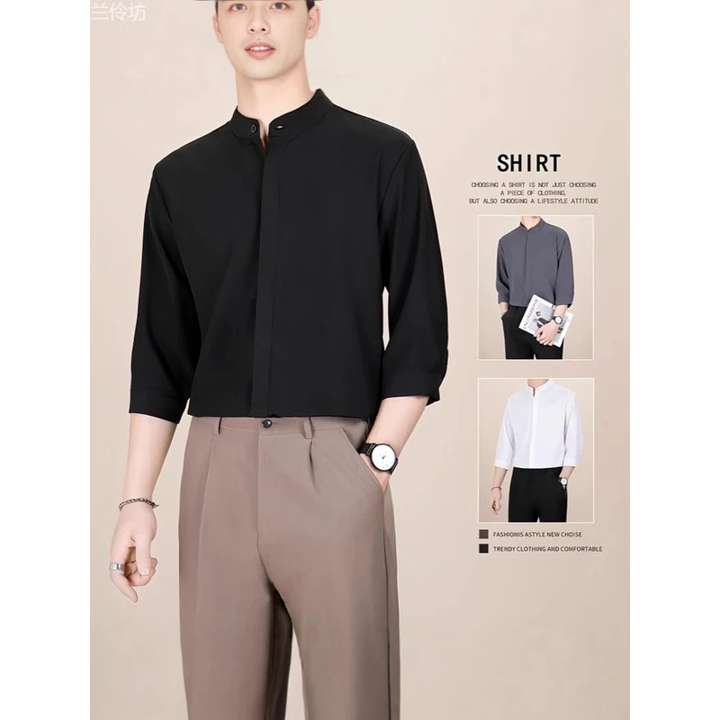 垂感立领短袖衬衫男士夏季轻熟衬衣高级感冰丝新款中袖长七分袖男