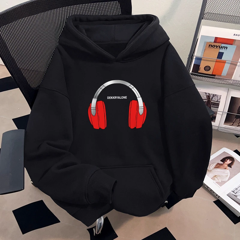 Dekkry秋冬街头时尚连帽卫衣男女款个性耳机印花休闲百搭套头外套