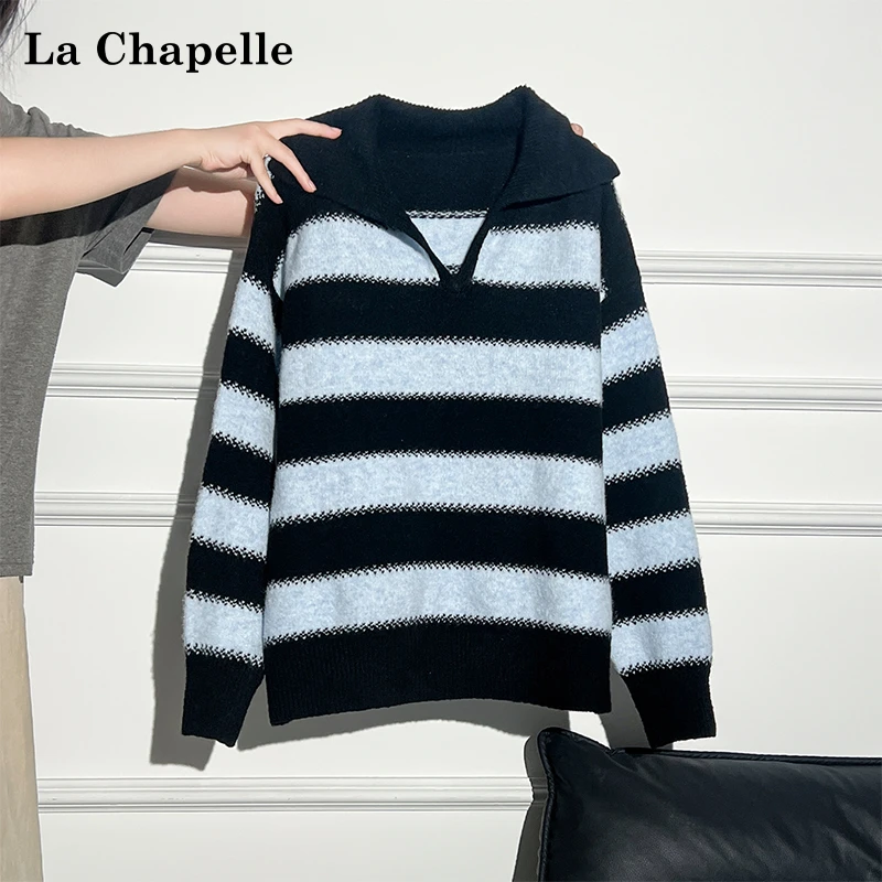 拉夏贝尔条纹撞色翻领设计感针织长袖毛衣女秋季宽松保暖套头上衣