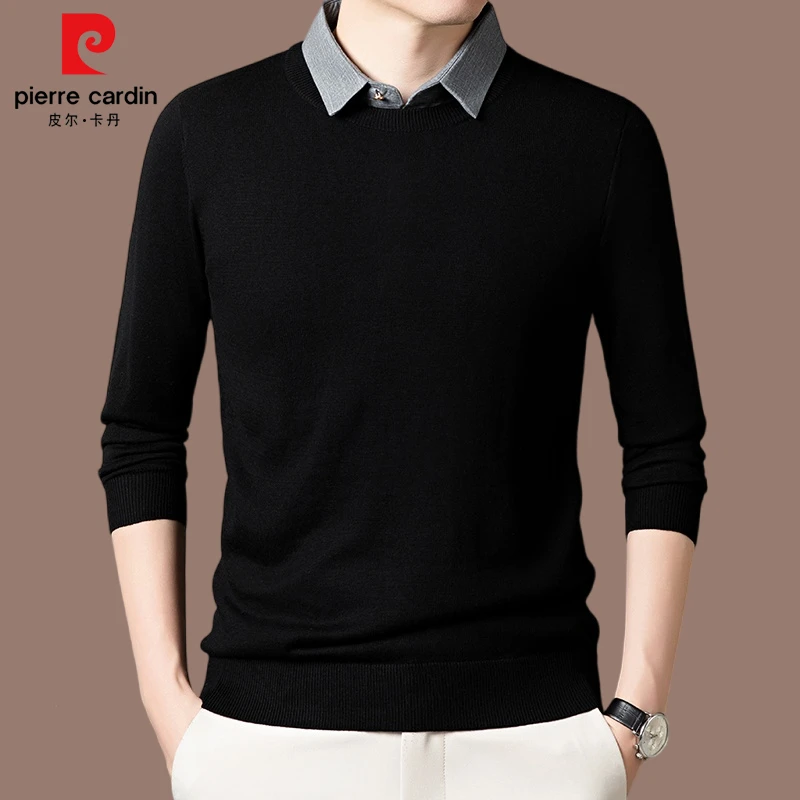 【皮尔卡丹新品】针织衫毛衣秋冬款男士翻领高档商务保暖羊毛假两件