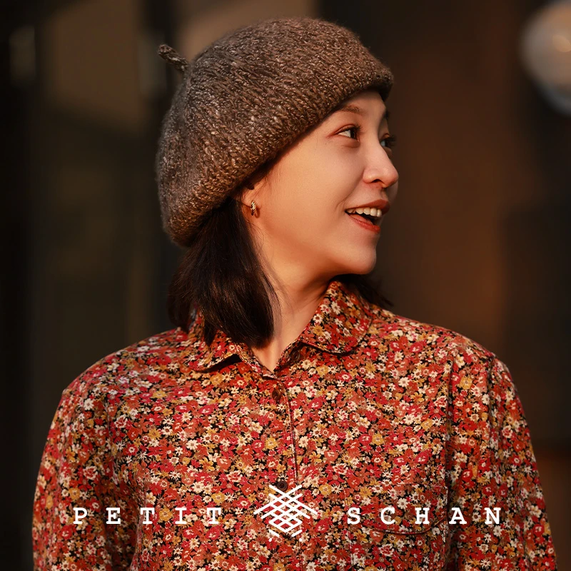 小闪 闻花落 进口纯棉细条纹灯芯绒合身显瘦藏肉法式文艺碎花衬衫