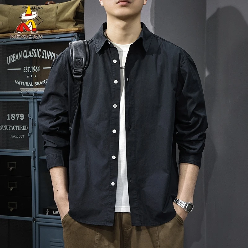Mexican/稻草人秋季纯棉长袖衬衫男款美式潮牌衬衣宽松百搭上衣潮