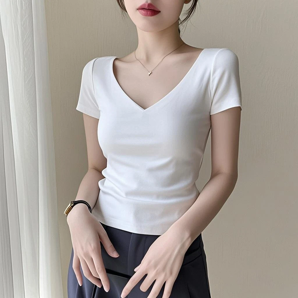 白色V领短袖t恤女2025夏季新款纯色纯棉百搭修身显瘦韩版休闲上衣