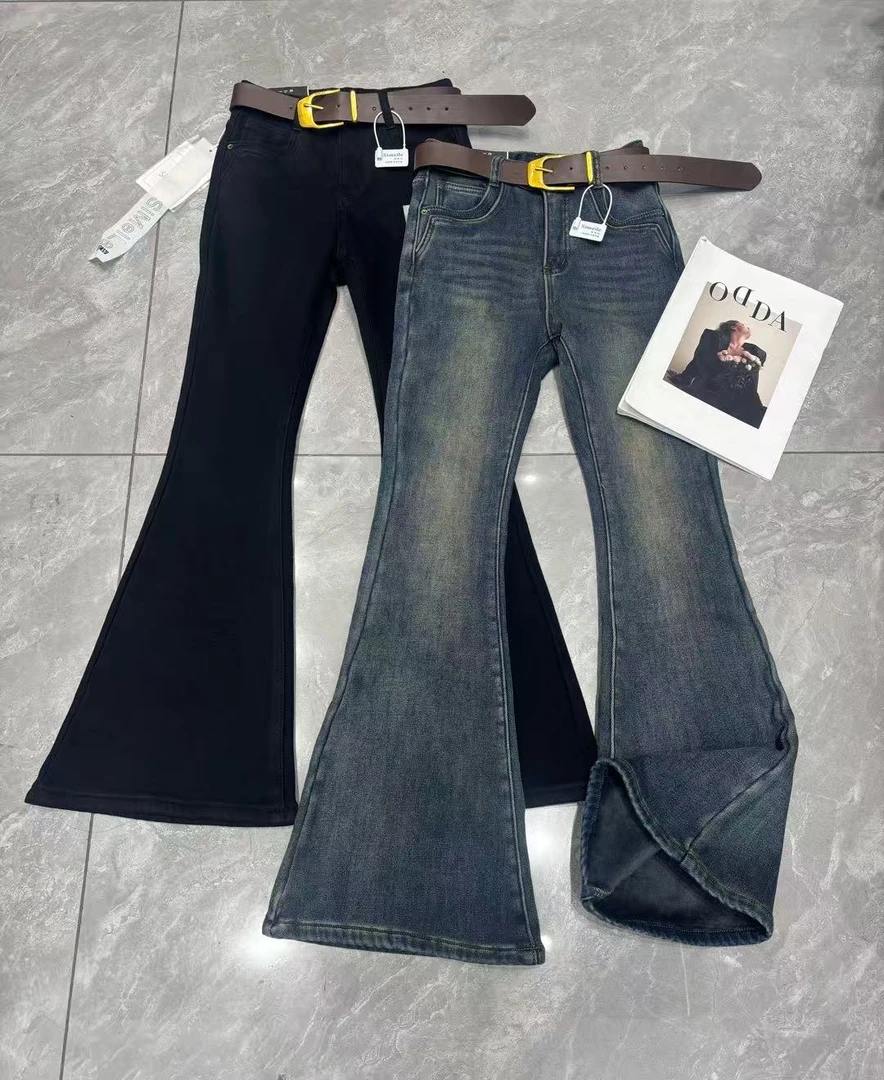 美式复古做旧微喇牛仔裤女2025秋冬新款高腰弹力显瘦加绒喇叭长裤