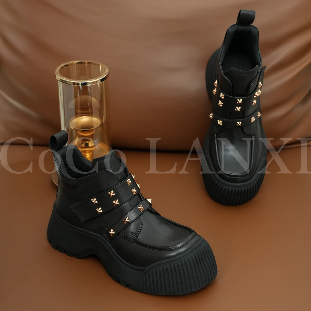 【沐风】秋冬真皮简约帅短靴英伦风时尚高跟厚底23X144