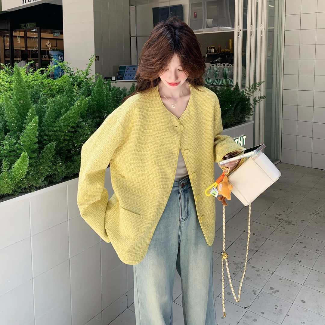 柠檬黄韩系休闲通勤短外套女2025秋季新款小个子洋气减龄圆领上衣