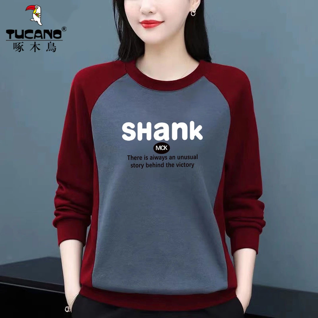 啄木鸟中年纯棉圆领卫衣女秋冬加绒时尚宽松显瘦百搭减龄妈妈上衣