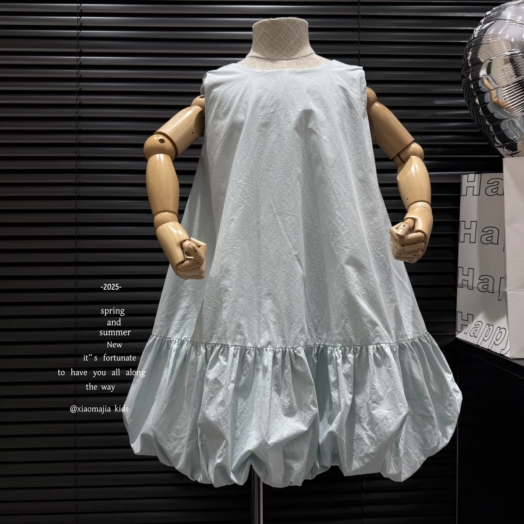 现货-纯色法式花苞连衣裙D-5389夏季女孩甜美设计感花边公主裙子