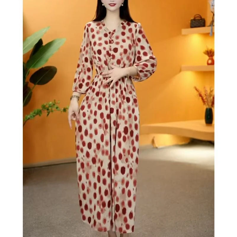 新款连衣裙红色波点中长袖女中长裙
