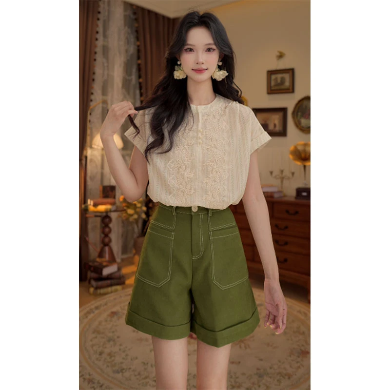 岚岚定制【白云浮笔】甜美小衫休闲百搭短袖衬衫夏季上衣WS1113251