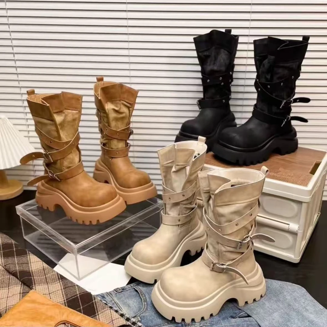 大头金属扣牛仔马丁靴机车靴厚底松糕小个子工装大黄靴女鞋 BK687