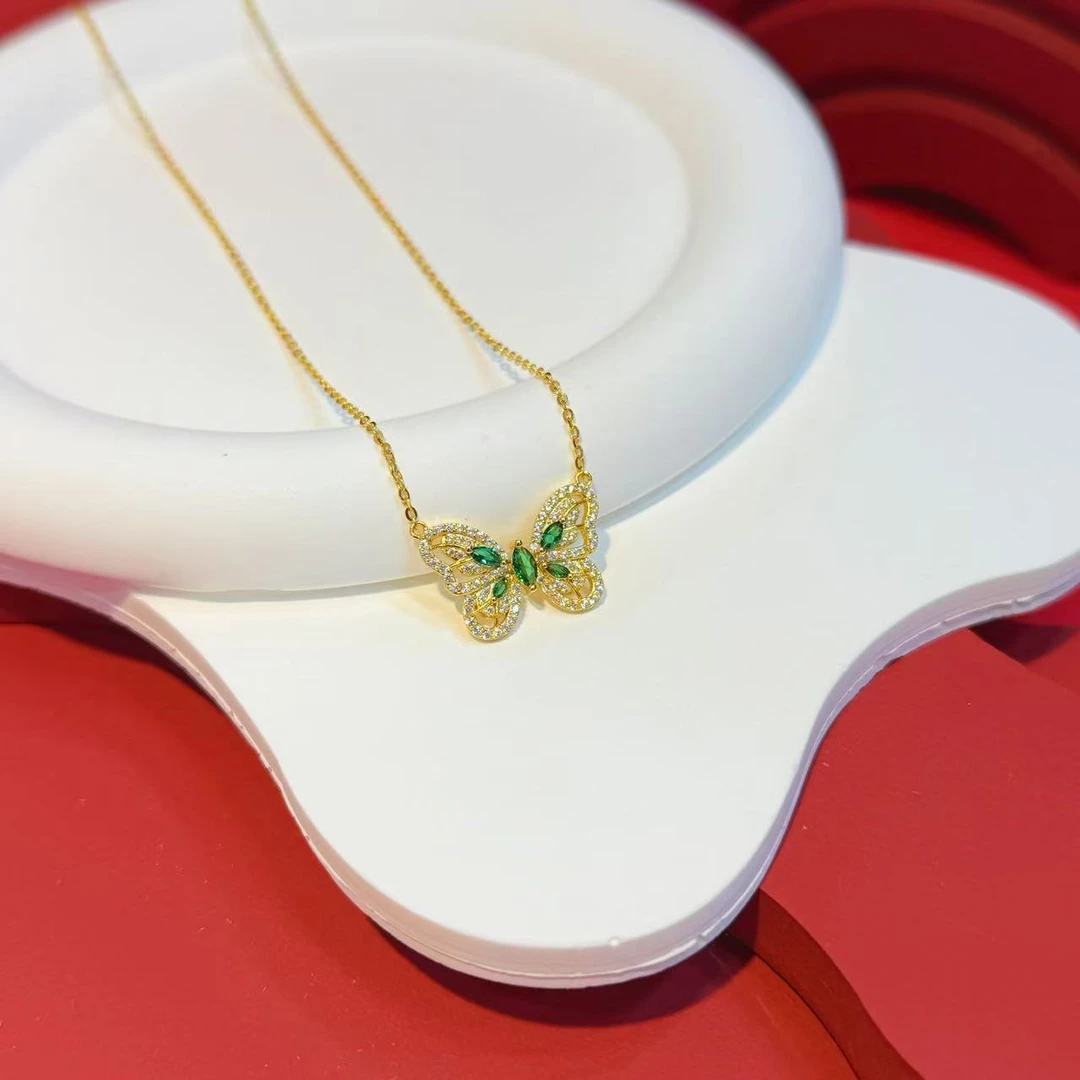【红娘子】坠链均925银 S925银镶嵌绿色蝴蝶套链HNZ9977