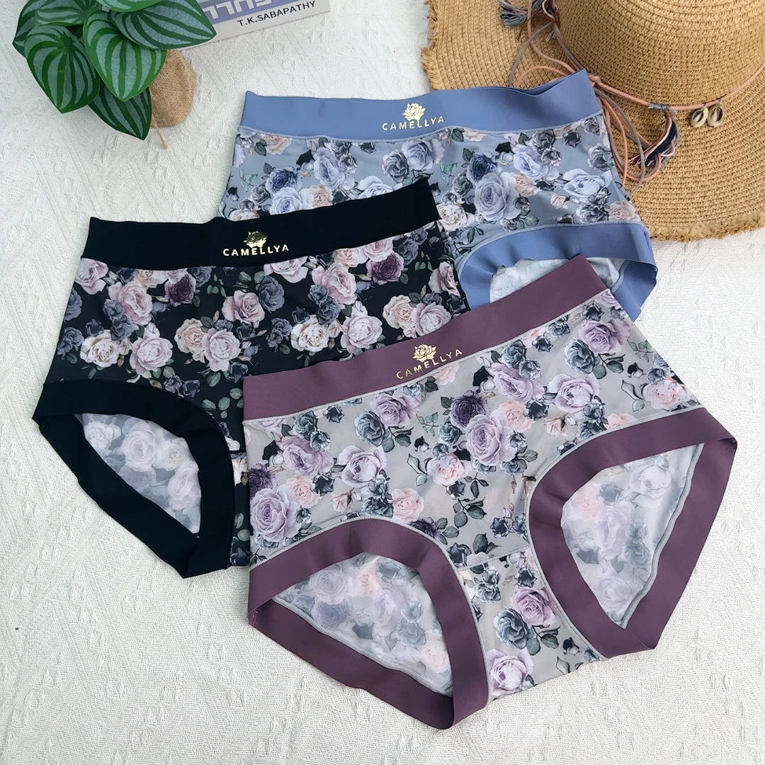 春夏新款玫瑰花烫金字母无痕腰头中高腰舒适亲肤高弹大码女士内裤