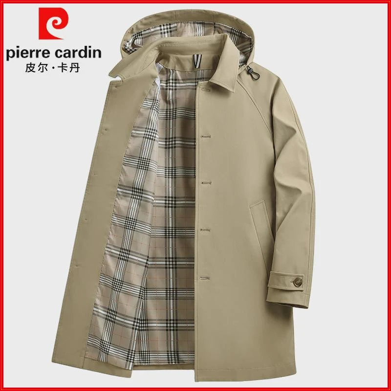 皮尔卡丹2024秋季新款中长款风衣男士可拆卸帽商务休闲中年外套男