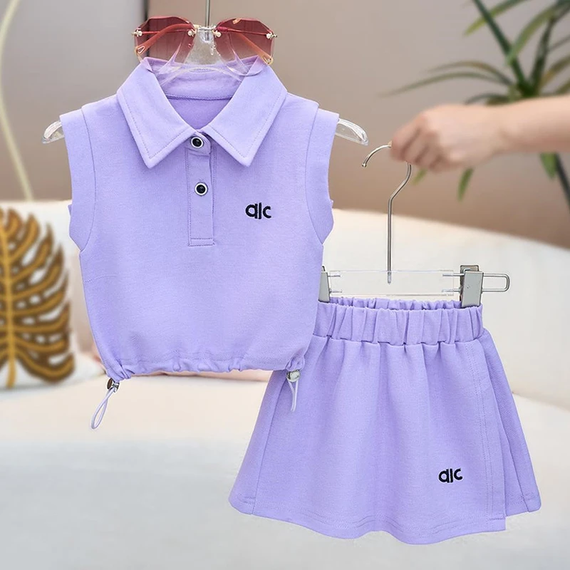 女童无袖套装背心夏装新款洋气中大童polo领T恤短裙裤两件套学生