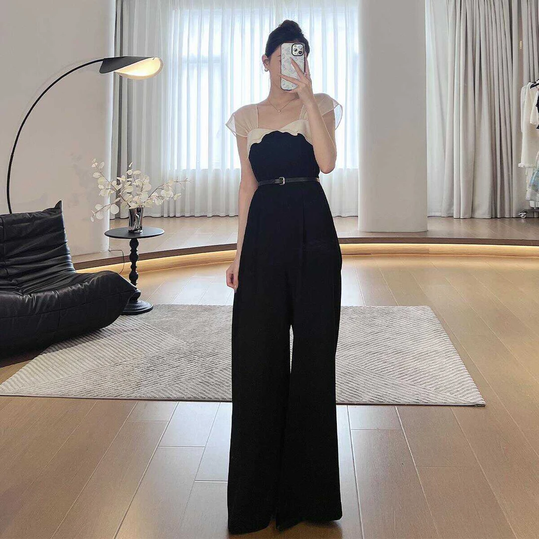 M059夏季薄款黑色拼接气质女神范连体裤子2024新款职业高端连衣裤