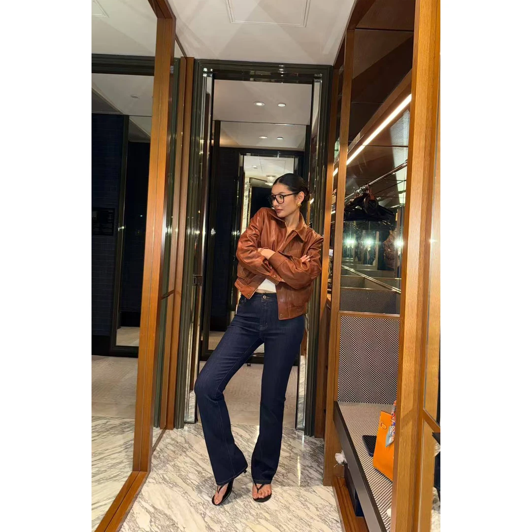 RRB Design「优雅重现」深色高腰修身显瘦百搭微喇牛仔裤