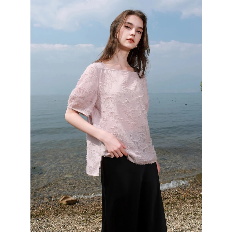 彩家折扣 2025夏季新款中袖剪花小衫方领衬衣宽松套头上衣清新