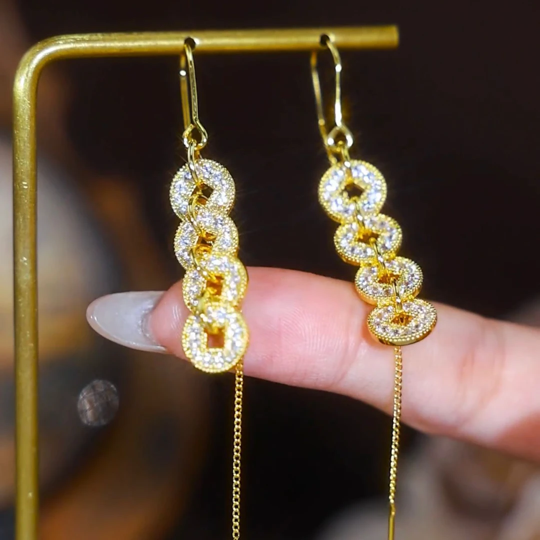 铜合金锆石耳饰 中国风复古耳线长款流苏高级感耳饰显脸瘦耳饰