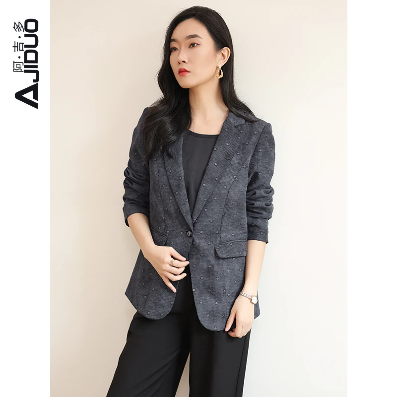 阿吉多深灰色长袖西装外套女春季新款职业休闲气质高级港风小西服