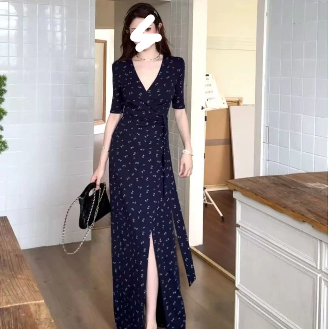一片式短袖V领腰部绑带款显瘦遮肚子气质百搭韩系连衣长裙