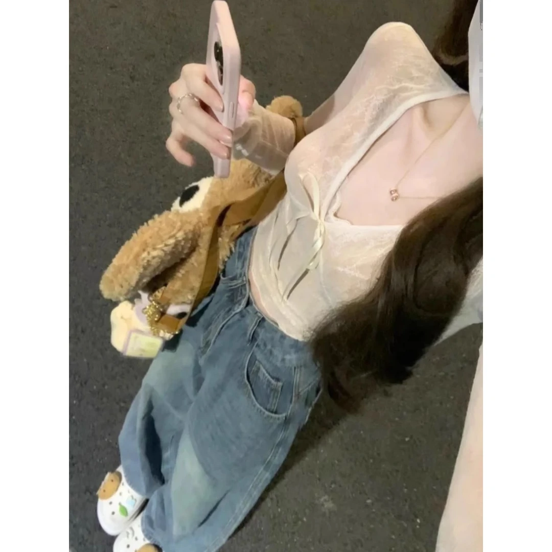 【现货】法式纯欲v领蝴蝶结长袖t恤女秋季蕾丝拼接辣妹紧身打底上衣