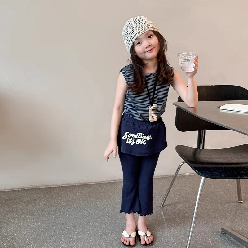 女童无袖套装2025新款儿童装洋气背心小女孩屁帘喇叭裤时髦九分裤