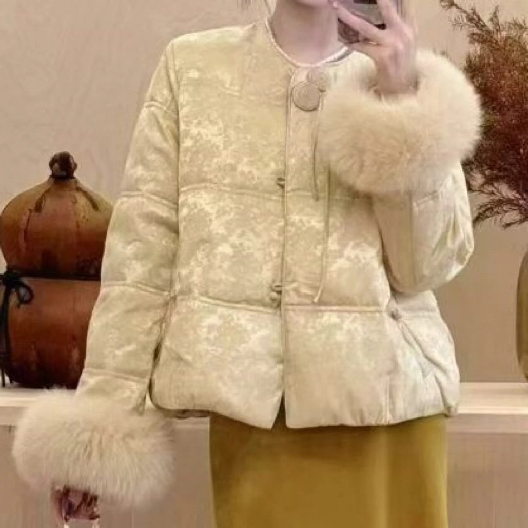 新中式国风立领盘扣提花可拆卸毛毛袖石墨烯云绒棉服女冬季新款