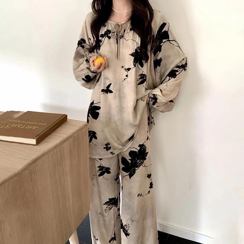 法式复古睡衣女春夏季长袖气质中老年妈妈款棉绸家居服宽松两件套